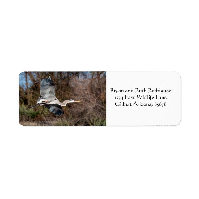 Great blue heron in flight label (Front)