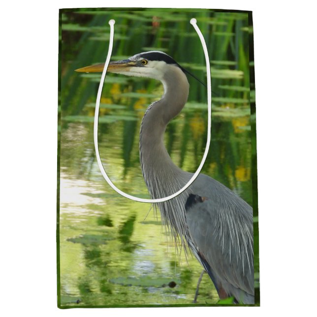 Great Blue Heron In pond- Green  Medium Gift Bag (Front)