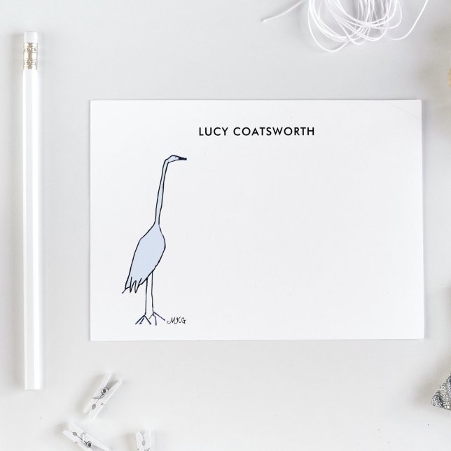 Great Blue Heron Monogram Boho Bird Artwork Note Card (These whimsical Great Blue Heron notecards capture the  beauty and humor of this bird.)