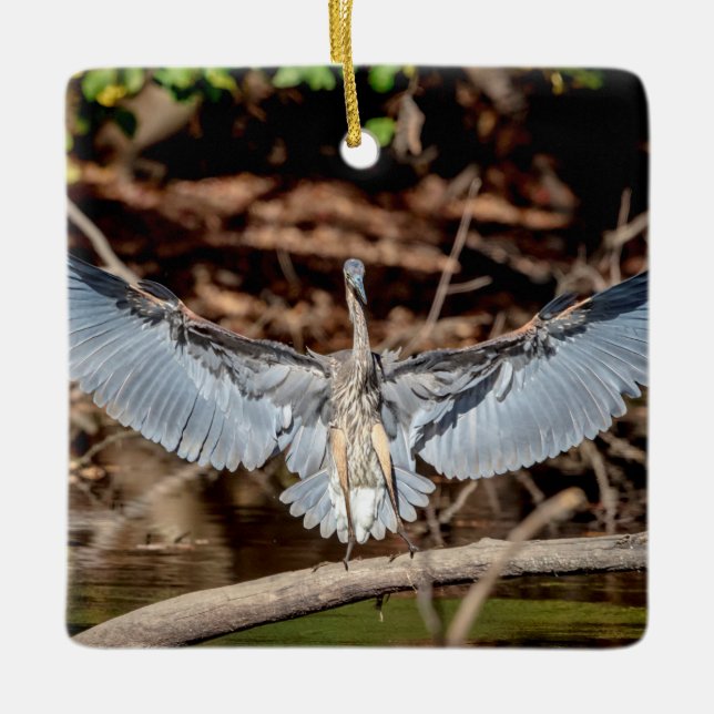Great Blue Heron on a log Ceramic Ornament (Front)