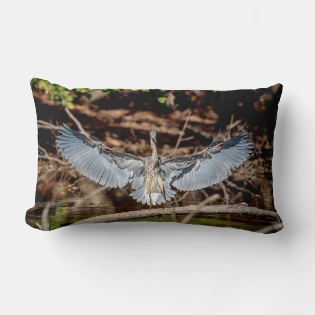 Great Blue Heron on a log Lumbar Pillow (Front)
