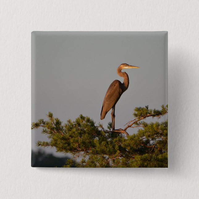 Great Blue Heron On Tree Top Button (Front)