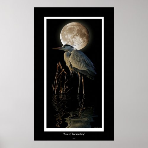 Great Blue Heron Reeds and Moon Art Print