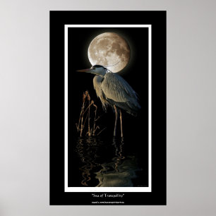 GREAT BLUE HERON, REEDS & MOON Art Print