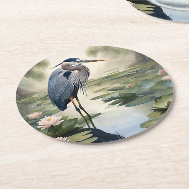 Great Blue Heron Round Paper Coaster (Angled)