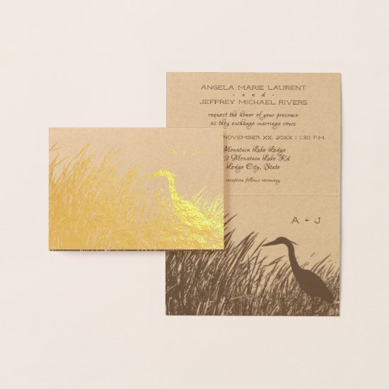 Great Blue Heron silhouette rustic wedding gold Foil Card