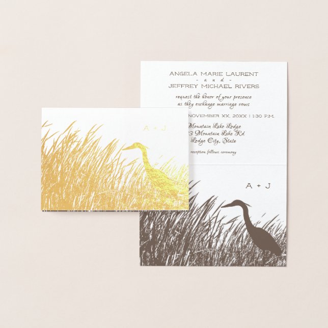 Great Blue Heron silhouette rustic wedding gold Foil Card (Display)