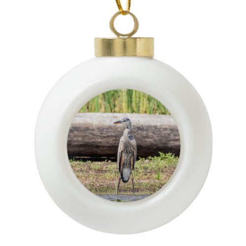 Great Blue Heron standing in Lake Champlain Ceramic Ball Christmas Ornament