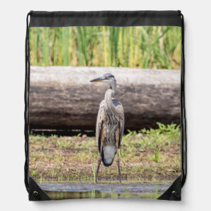 Great Blue Heron standing in Lake Champlain Drawstring Bag