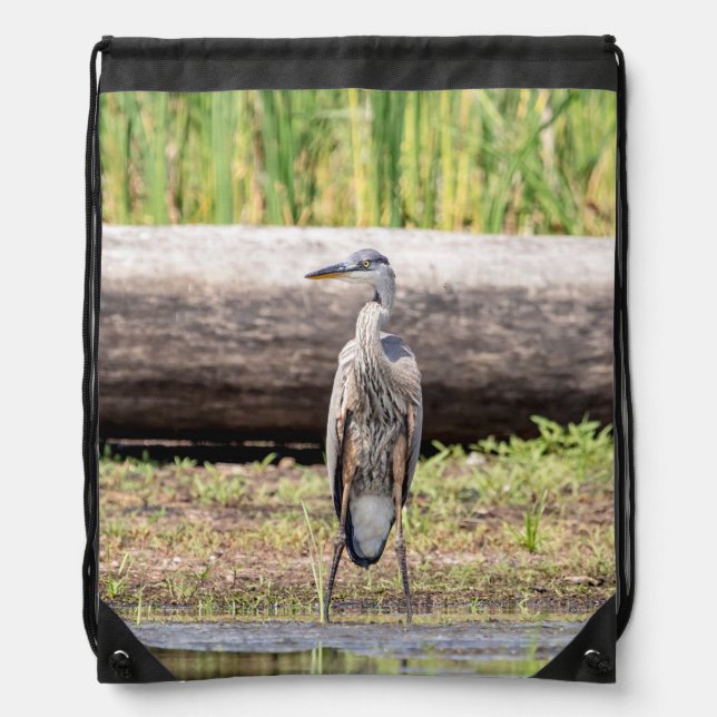 Great Blue Heron standing in Lake Champlain Drawstring Bag (Front)