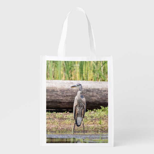 Great Blue Heron standing in Lake Champlain Reusable Grocery Bag (Front)
