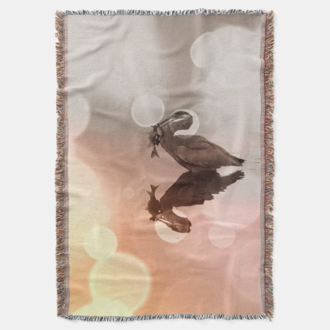Great Blue Heron Sunrise Reflection Blanket (Front Vertical)