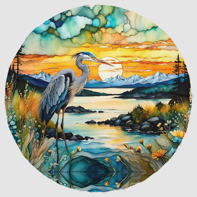 Great Blue Heron Sunset Wildflowers Landscape Beach Towel (Front)