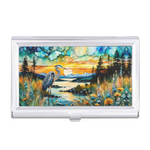 Great Blue Heron Sunset Wildflowers Landscape Business Card Case