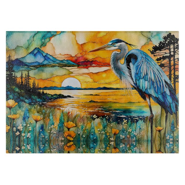 Great Blue Heron Sunset Wildflowers Landscape Cutting Board (Front)