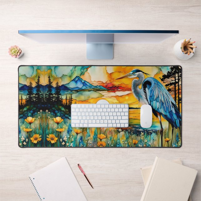 Great Blue Heron Sunset Wildflowers Landscape Desk Mat (Office 1)
