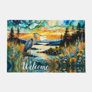 Great Blue Heron Sunset Wildflowers Landscape Doormat