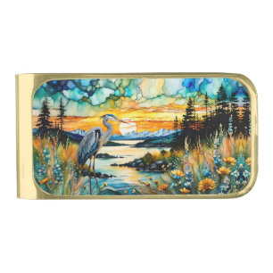 Great Blue Heron Sunset Wildflowers Landscape Gold Finish Money Clip