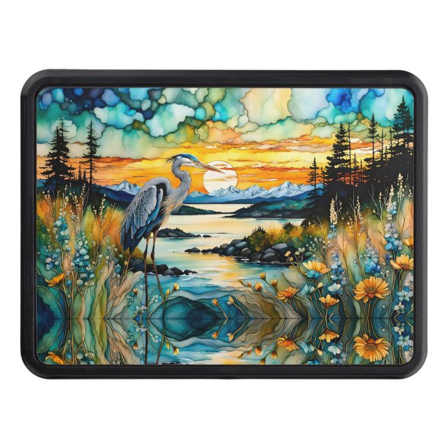 Great Blue Heron Sunset Wildflowers Landscape Hitch Cover (Front)