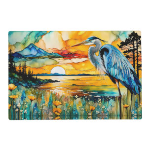 Great Blue Heron Sunset Wildflowers Landscape Placemat