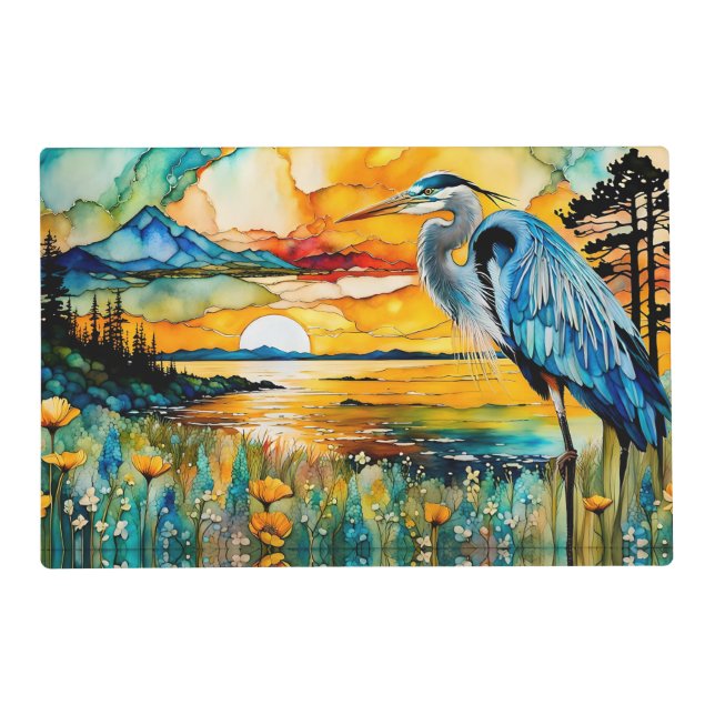 Great Blue Heron Sunset Wildflowers Landscape Placemat (Front)