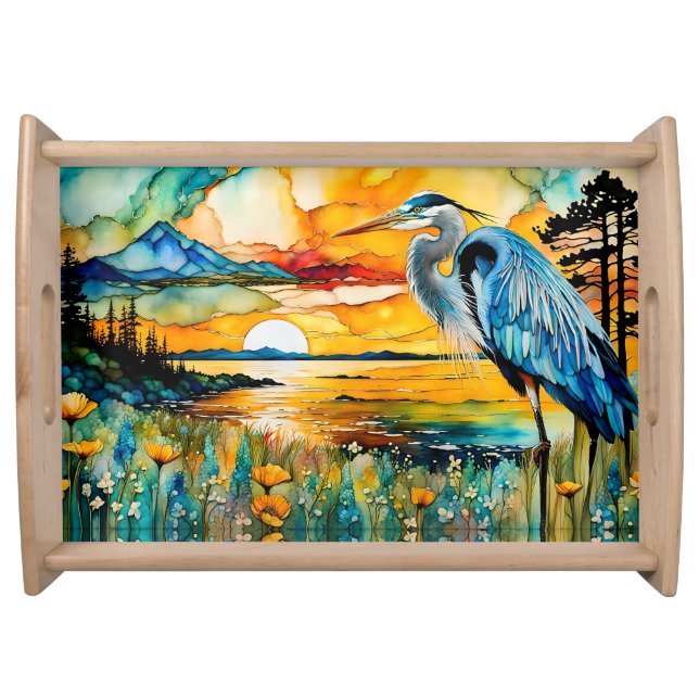 Great Blue Heron Sunset Wildflowers Landscape Serving Tray (Front)