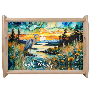 Great Blue Heron Sunset Wildflowers Landscape Serving Tray