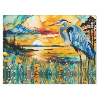Great Blue Heron Sunset Wildflowers Landscape