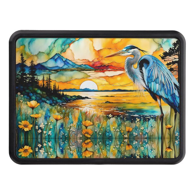 Great Blue Heron Sunset Wildflowers Water Hitch Cover (Front)