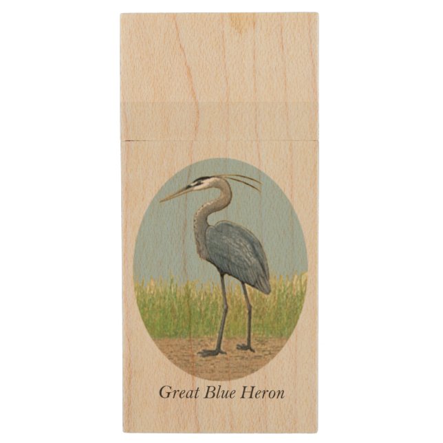 Great Blue Heron USB Wooden Flash Drive (Front Vertical)