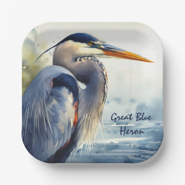 Great Blue Heron Watercolor Bird Art   Wetlands Paper Plates (Front)