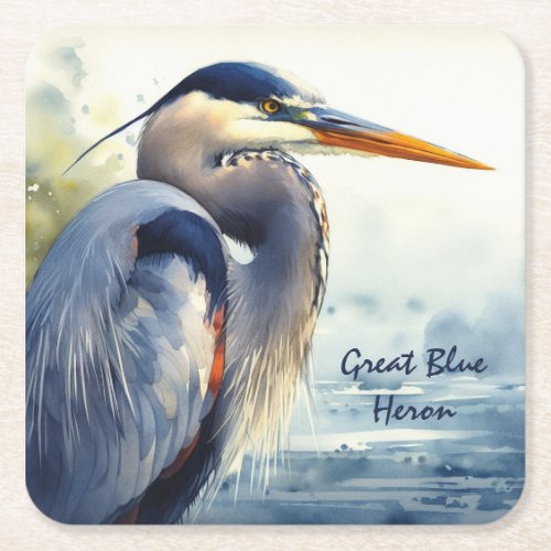 Great Blue Heron Watercolor Bird Art   Wetlands Square Paper Coaster
