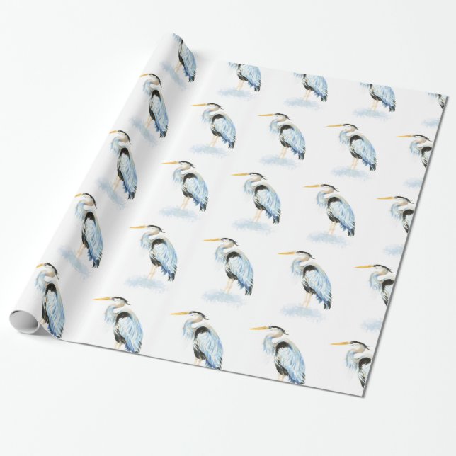 Great Blue Heron Watercolor Bird Art Wrapping Paper (Unrolled)