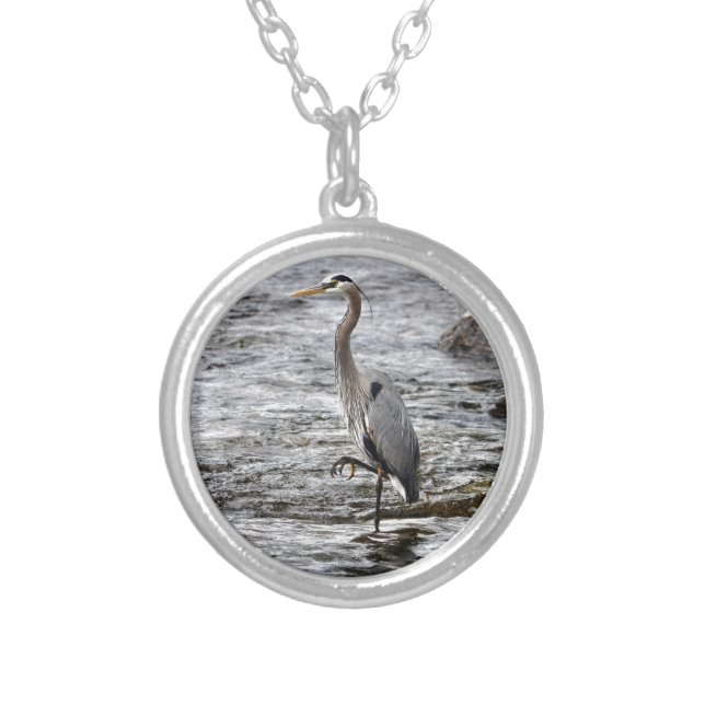 Great Blue Heron Wildlife Birdlover Photo Silver Plated Necklace (Front)