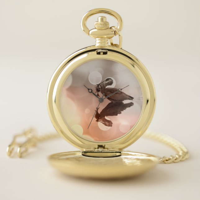 Great Blue Heron with Fish Sunrise Reflection Pocket Watch (Inside)
