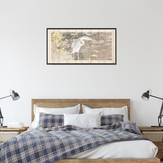 Great Blue Heron with Linen & Sage Border Canvas Print (Insitu(Bedroom))