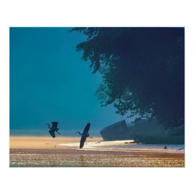 Great Blue Herons Take Flight -Teal Poster (Front)