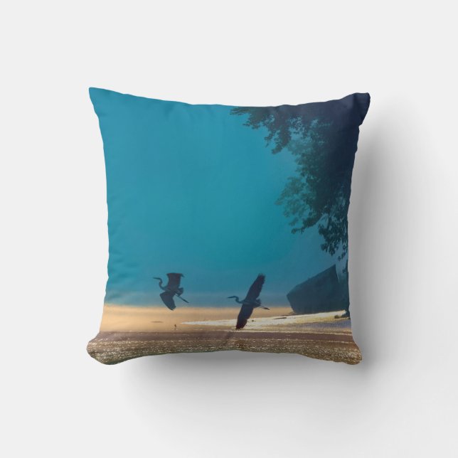 Great Blue Herons Take Flight -Teal Throw Pillow (Front)