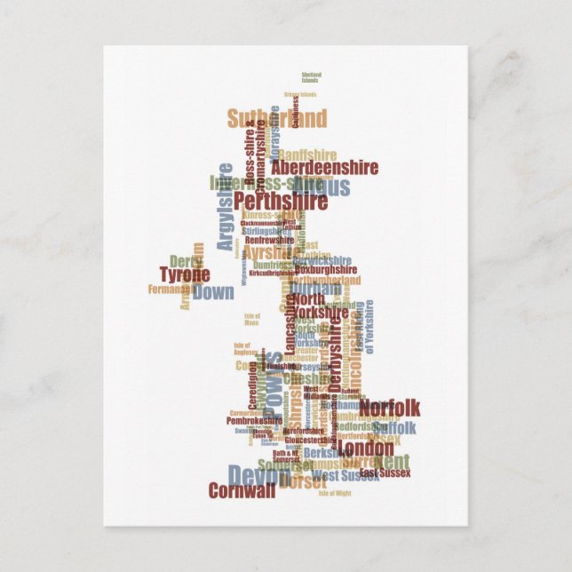 Great Britain UK County Text Map Postcard (Front)