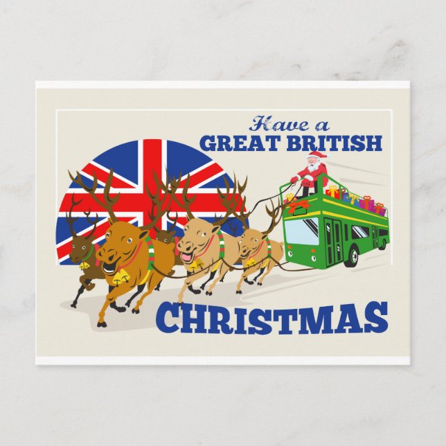 Great British Christmas Santa Reindeer Doube Decke Holiday Postcard (Front)