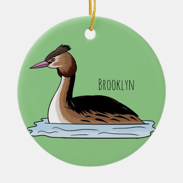 Great crested grebe bird cartoon illustration ceramic ornament (Front)