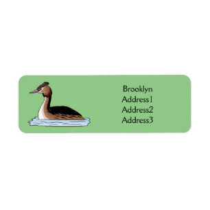 Great crested grebe bird cartoon illustration label