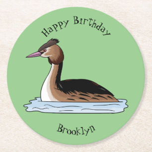 Great crested grebe bird cartoon illustration round paper coaster