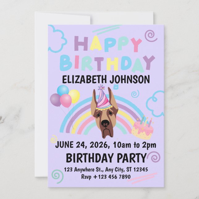 Great Dane Birthday Invitation in Purple (Front)
