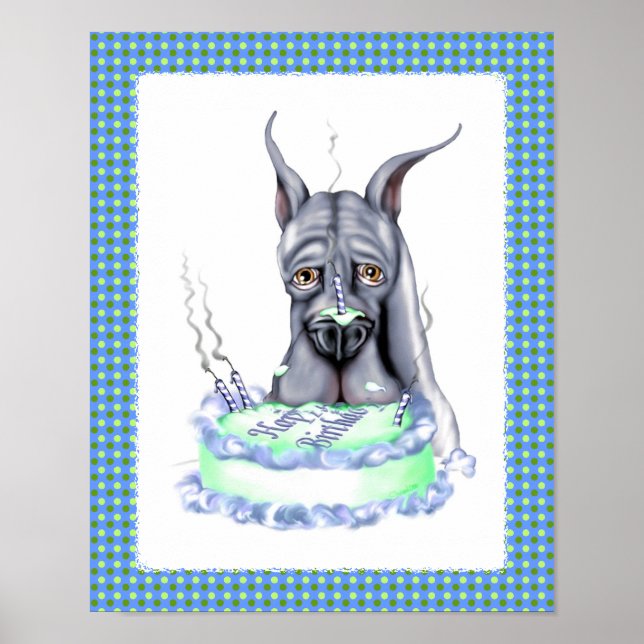 Great Dane Blue Birthday Cake Face Poster (Front)