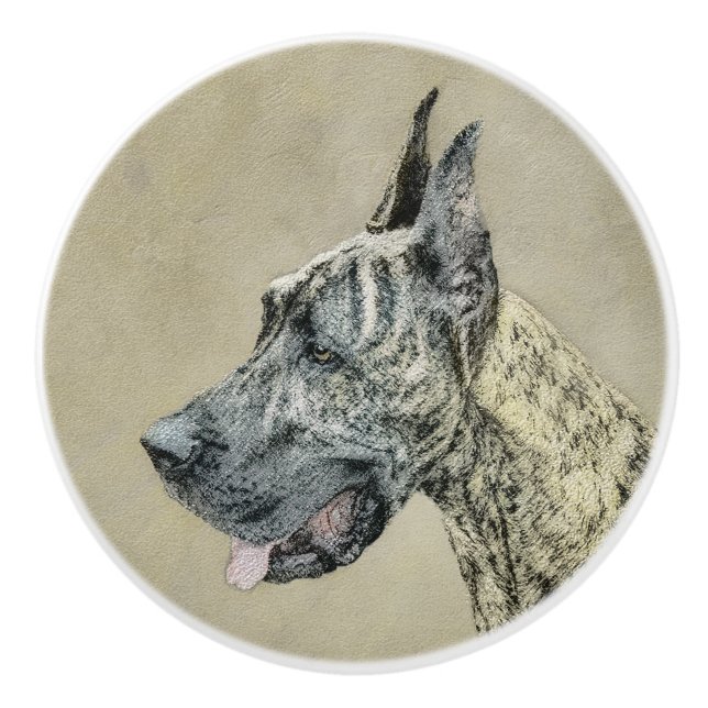 Great Dane (Brindle) Painting - Original Dog Art Ceramic Knob (Front)