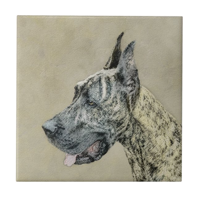 Great Dane (Brindle) Painting - Original Dog Art Ceramic Tile (Front)