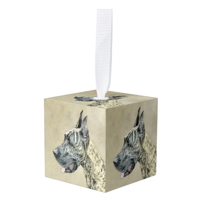 Great Dane (Brindle) Painting - Original Dog Art Cube Ornament (Front Angled)