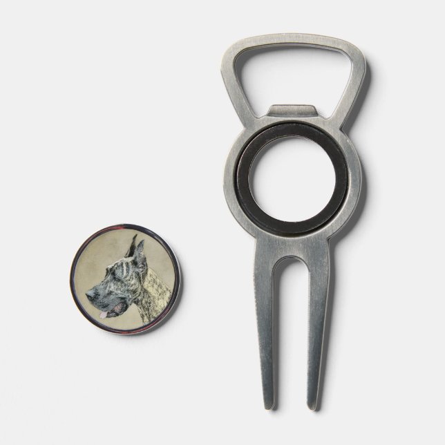 Great Dane (Brindle) Painting - Original Dog Art Divot Tool (Front (Open))