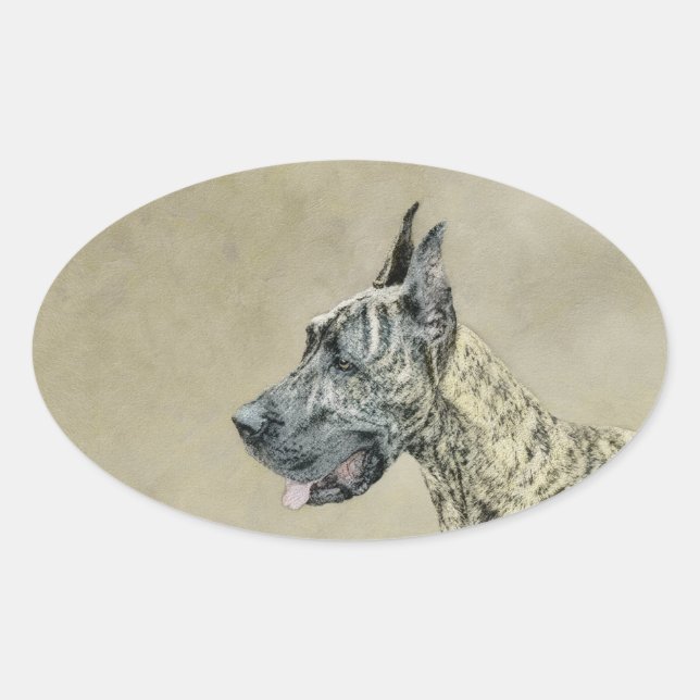 Great Dane (Brindle) Painting - Original Dog Art Oval Sticker (Front)